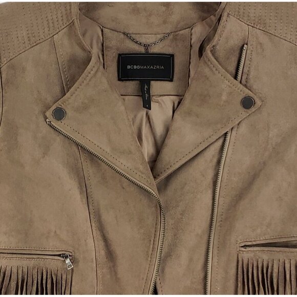 BCBGMAXAZRIA Tan Faux Suede Fringe Moto Jacket With Zipper Womens Size S - Picture 5 of 11